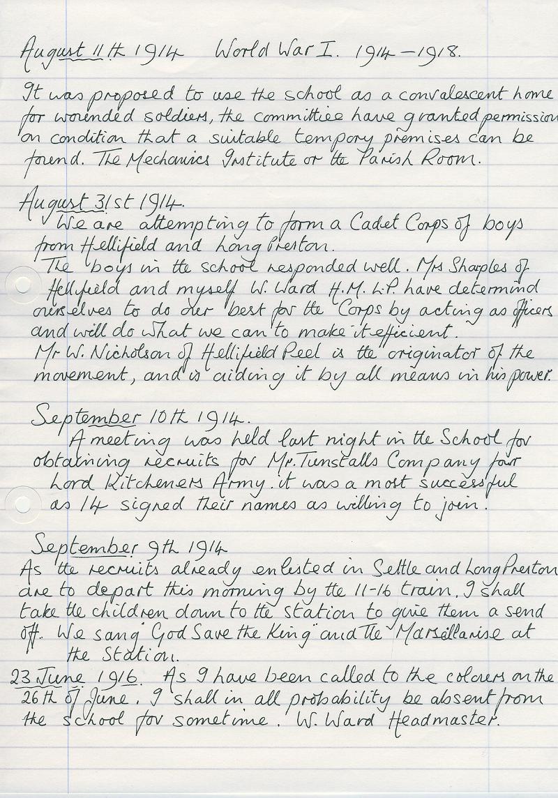 Log Book 1914-16.JPG - Extracts from Long Preston Endowed School Log Book 1914-16